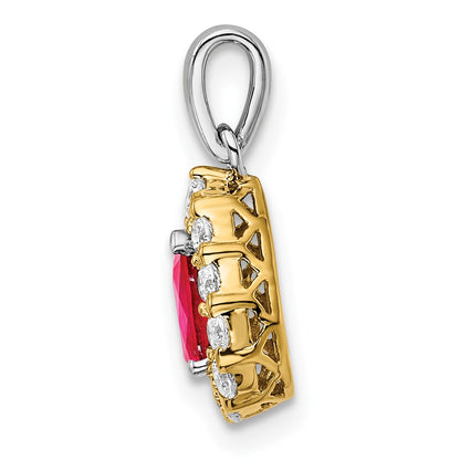 14k Two-tone Pear Ruby and Diamond Halo Pendant