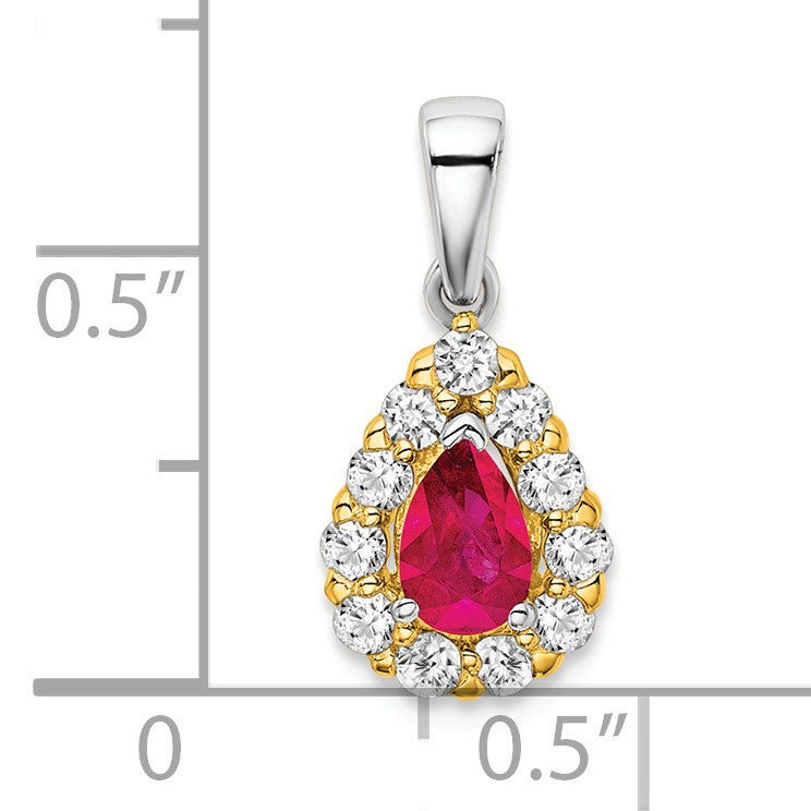 14k Two-tone Pear Ruby and Diamond Halo Pendant