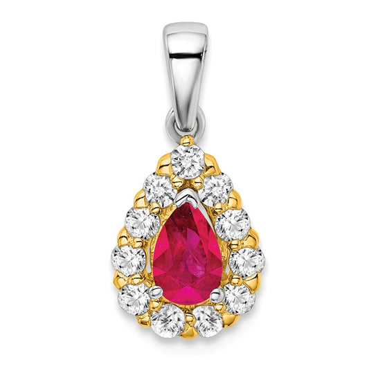 14k Two-tone Pear Ruby and Diamond Halo Pendant