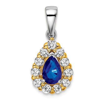 14k Two-tone Pear Sapphire and Diamond Halo Pendant