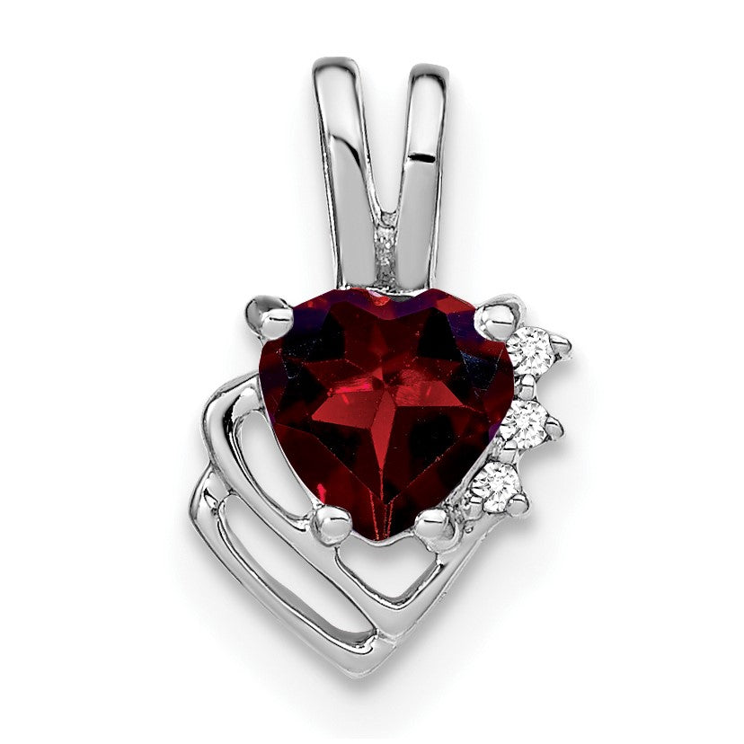 14k White Gold 5mm Heart Garnet and Diamond Pendant