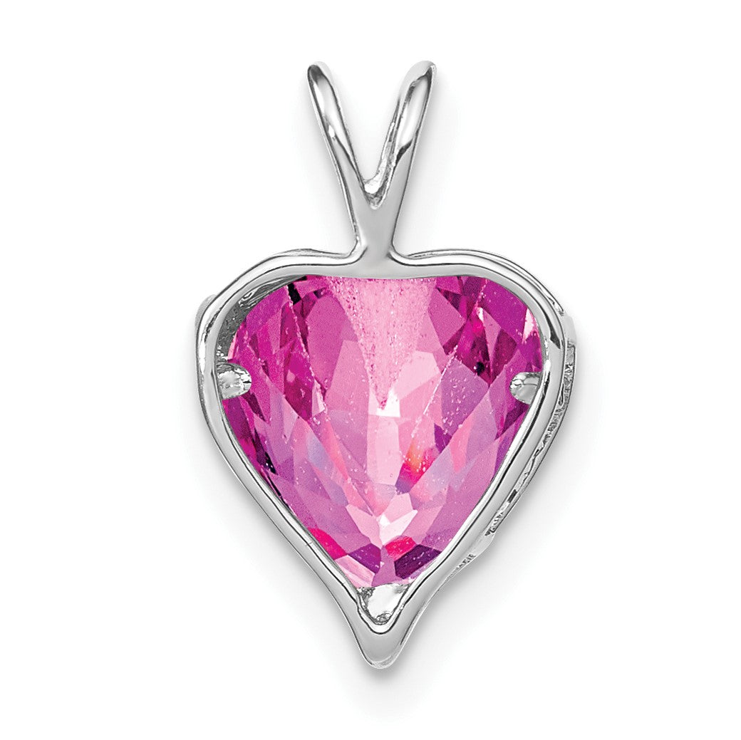 14k White Gold Lab Created Pink Sapphire and Diamond MOM Heart Pendant