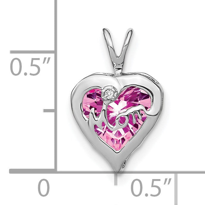 14k White Gold Lab Created Pink Sapphire and Diamond MOM Heart Pendant