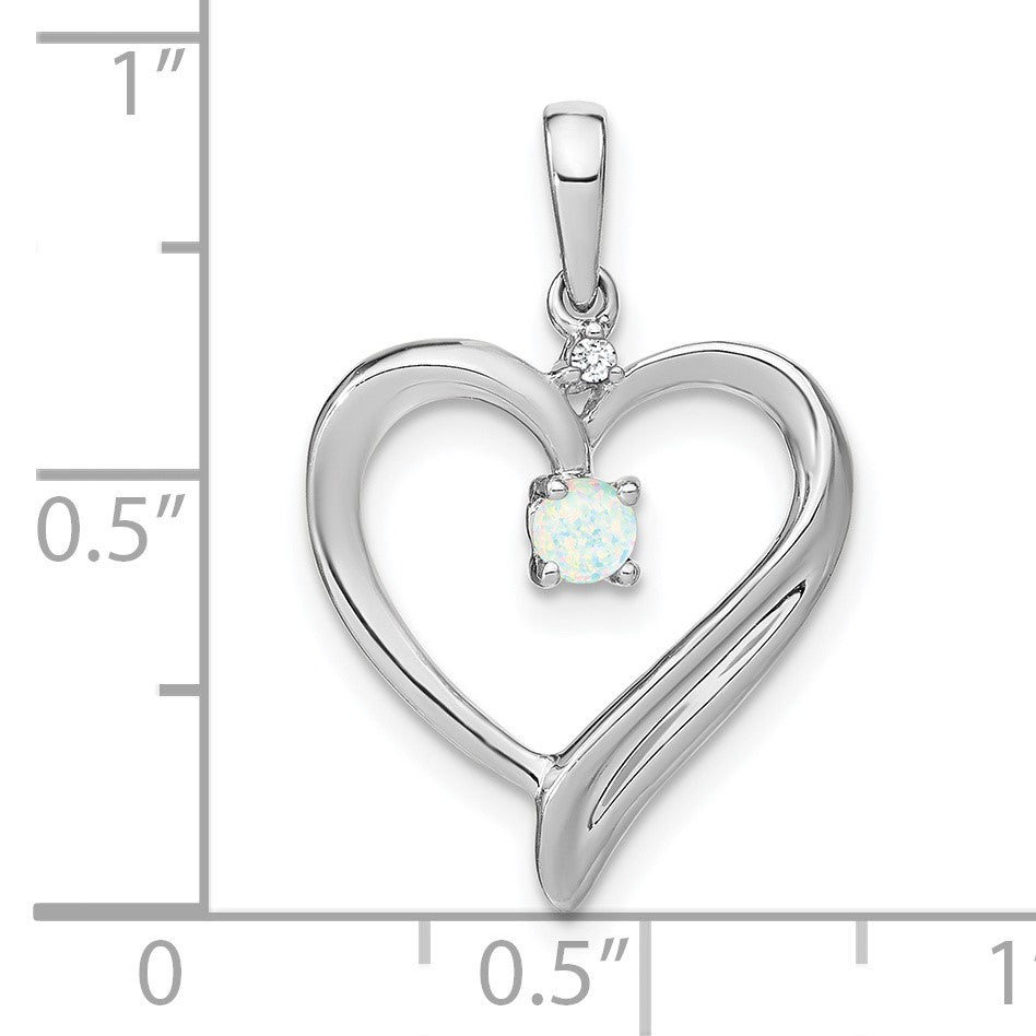 14k White Gold Lab Created Opal and Diamond Heart Pendant