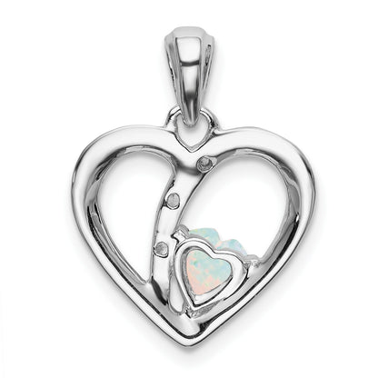 14k White Gold Lab Created Opal and Diamond Heart Pendant