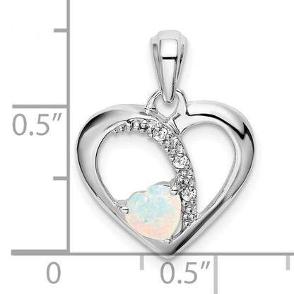 14k White Gold Lab Created Opal and Diamond Heart Pendant