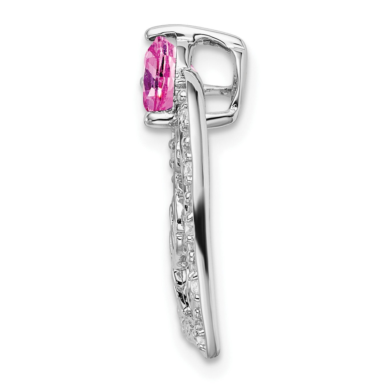 14k White Gold Lab Created Pink Sapphire and Diamond MOM Heart Pendant
