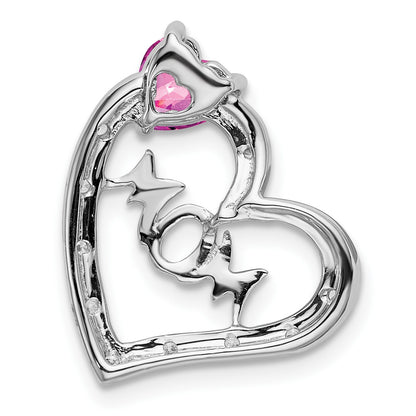 14k White Gold Lab Created Pink Sapphire and Diamond MOM Heart Pendant