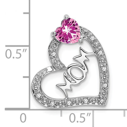 14k White Gold Lab Created Pink Sapphire and Diamond MOM Heart Pendant