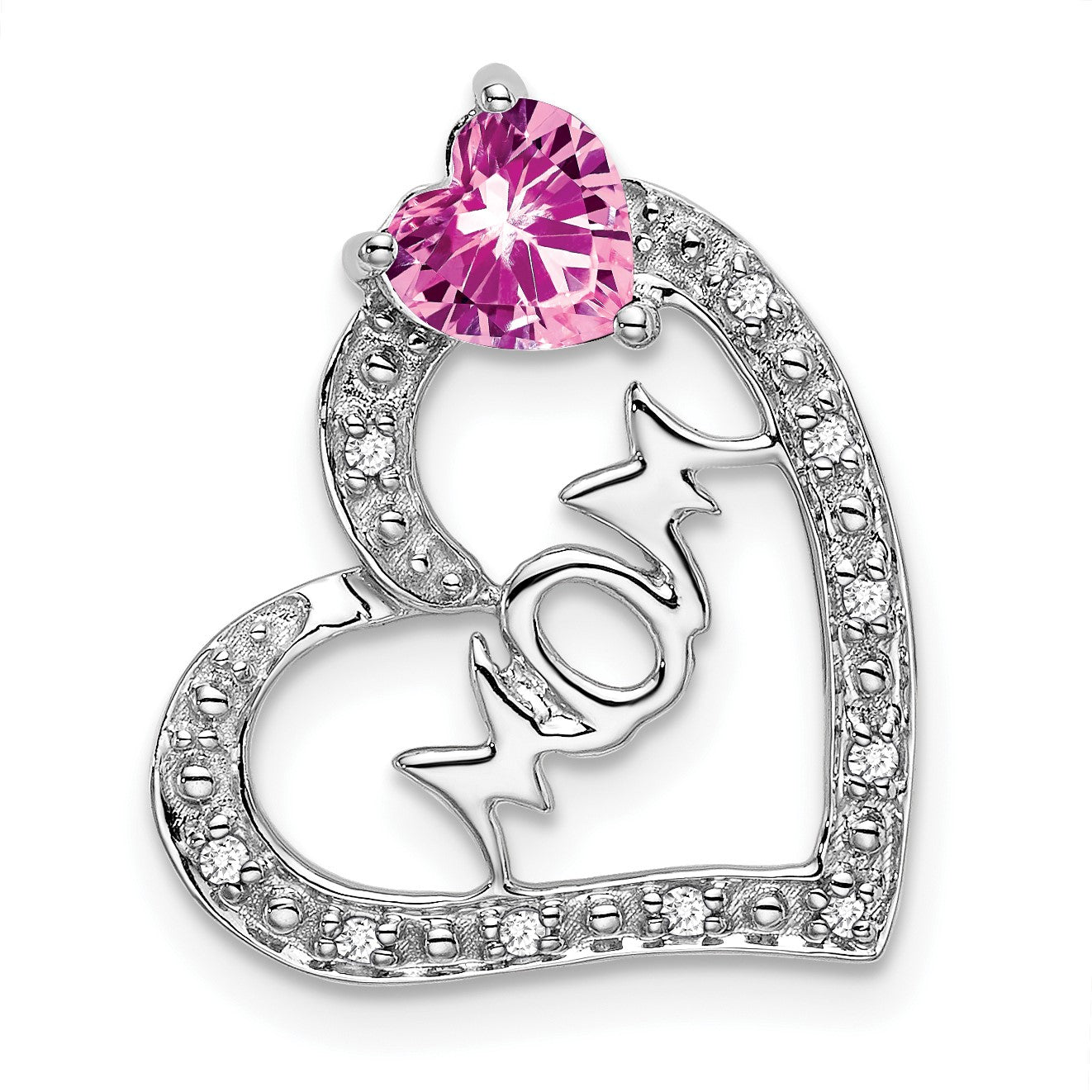 14k White Gold Lab Created Pink Sapphire and Diamond MOM Heart Pendant