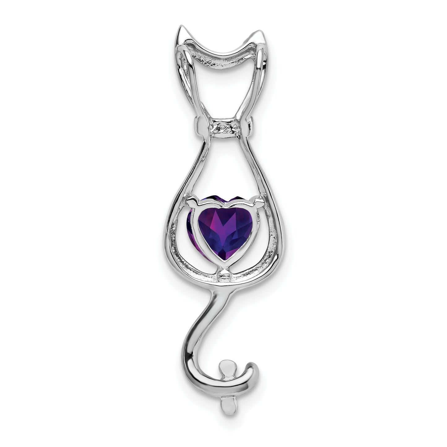 14k White Gold 6mm Heart Amethyst and Diamond Cat Chain Slide