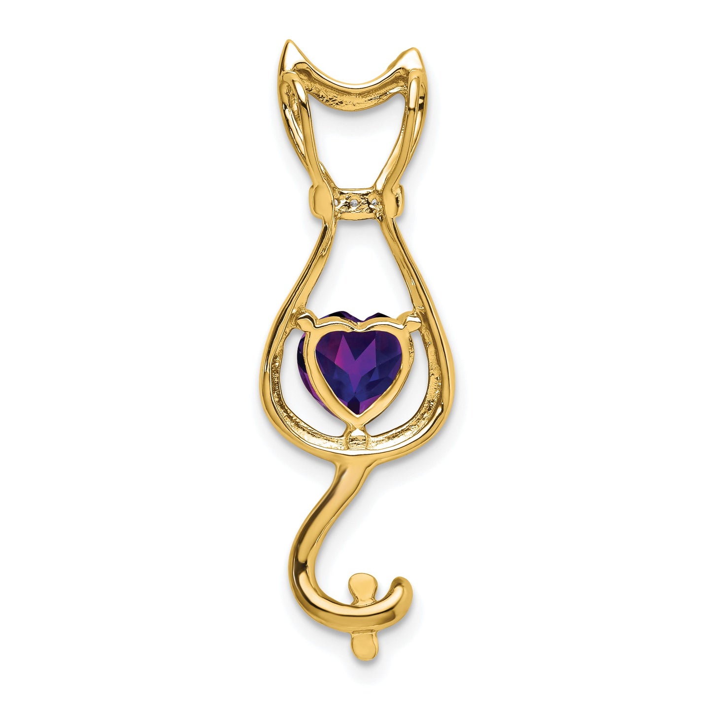 14k 6mm Heart Amethyst and Diamond Cat Chain Slide