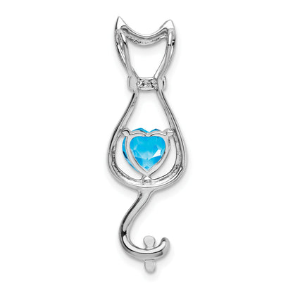 14k White Gold 6mm Heart Blue Topaz and Diamond Cat Chain Slide