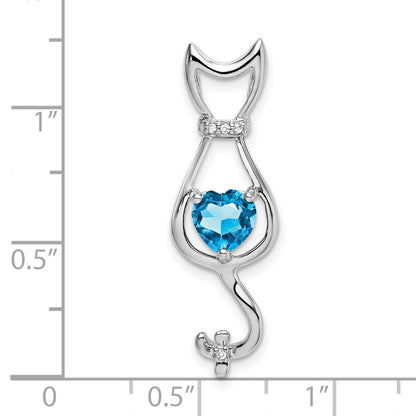14k White Gold 6mm Heart Blue Topaz and Diamond Cat Chain Slide