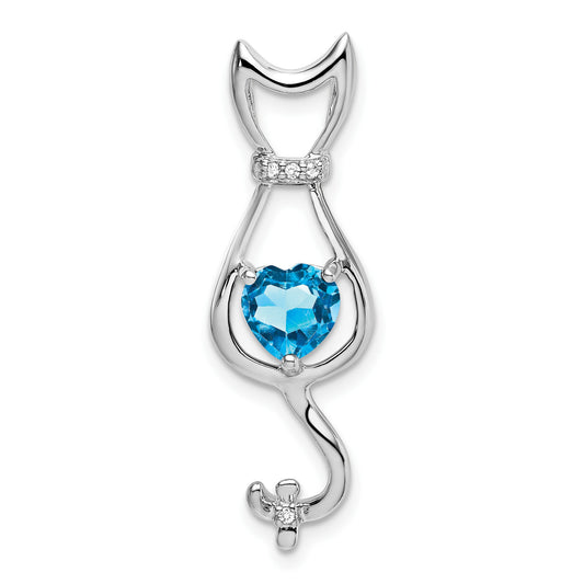 14k White Gold 6mm Heart Blue Topaz and Diamond Cat Chain Slide
