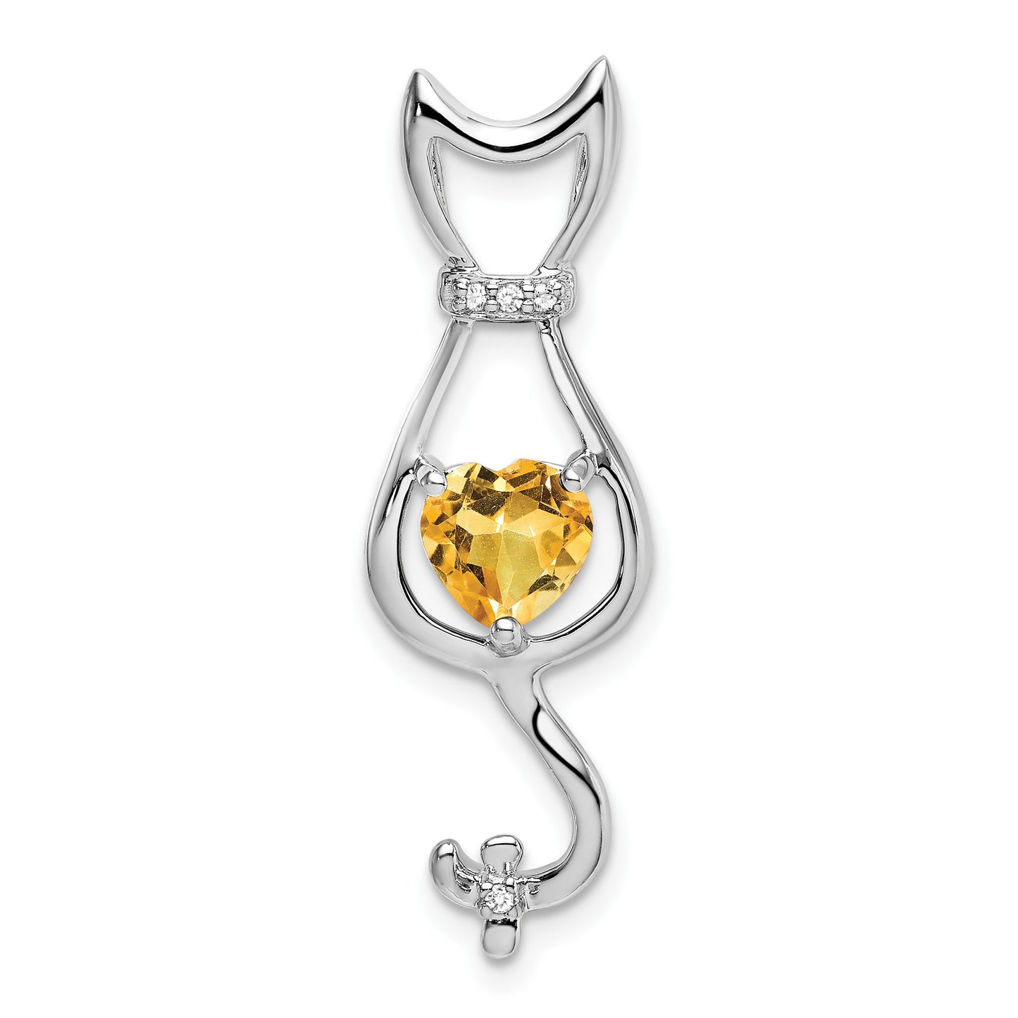 14k White Gold 6mm Heart Citrine and Diamond Cat Chain Slide