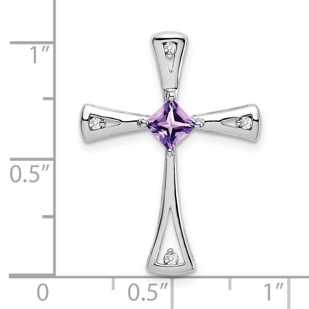 14k White Gold 4mm Square Amethyst and Diamond Cross Chain Slide