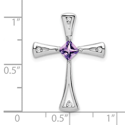 14k White Gold 4mm Square Amethyst and Diamond Cross Chain Slide