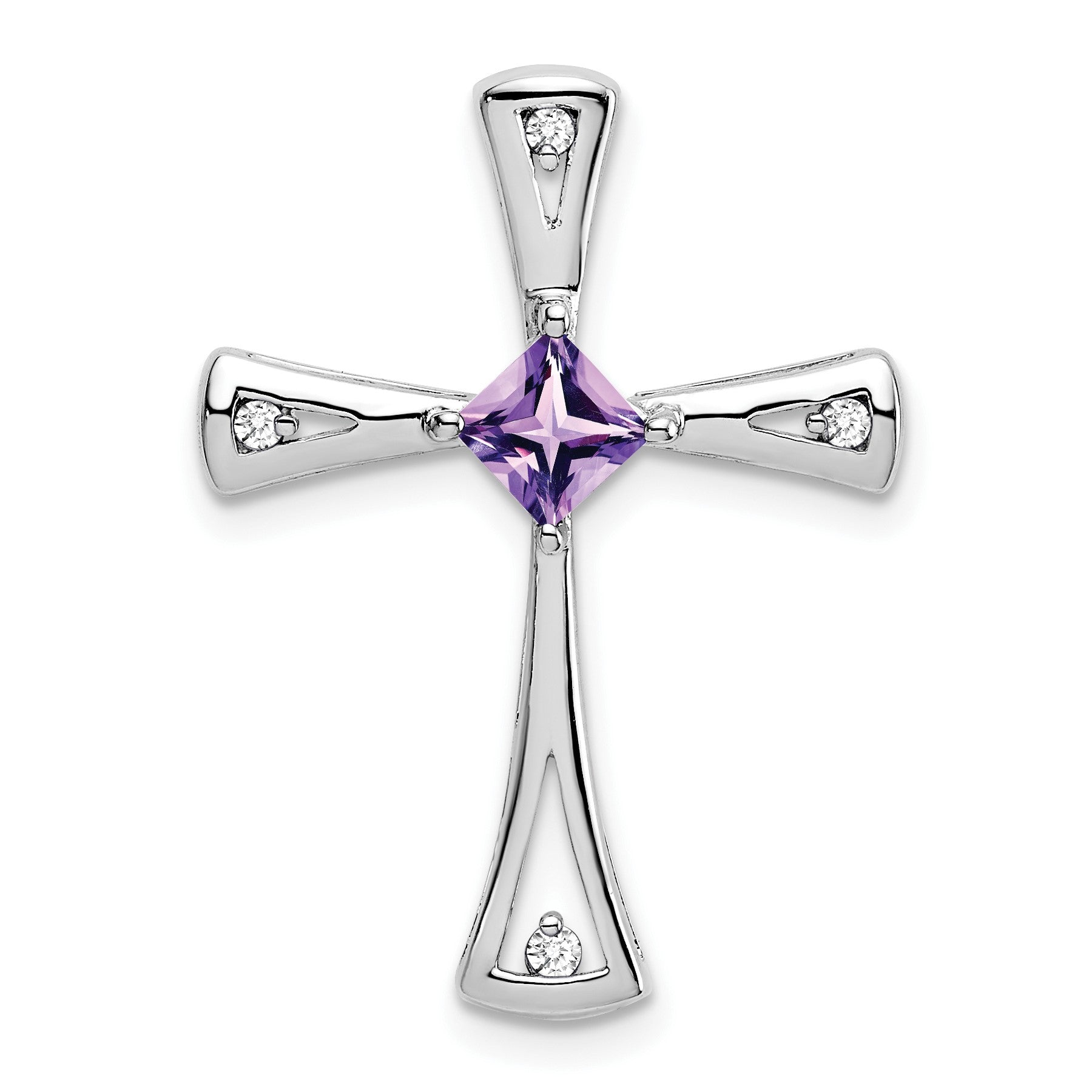 14k White Gold 4mm Square Amethyst and Diamond Cross Chain Slide