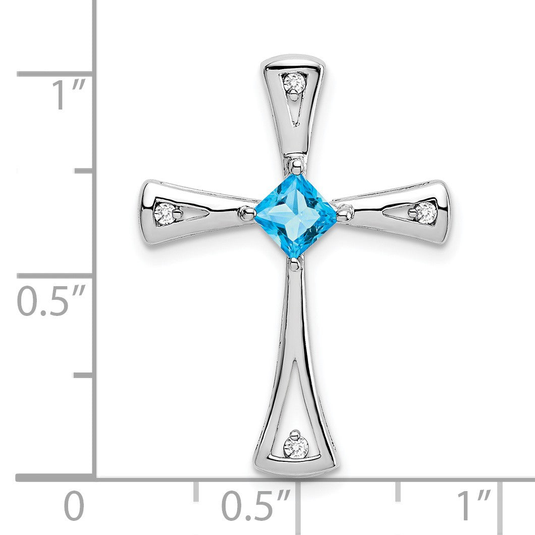 14k White Gold 4mm Square Blue Topaz and Diamond Cross Chain Slide