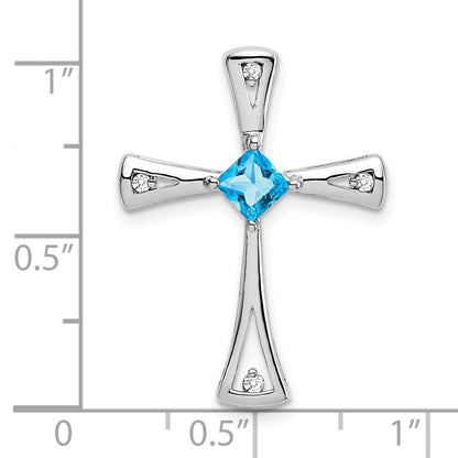 14k White Gold 4mm Square Blue Topaz and Diamond Cross Chain Slide