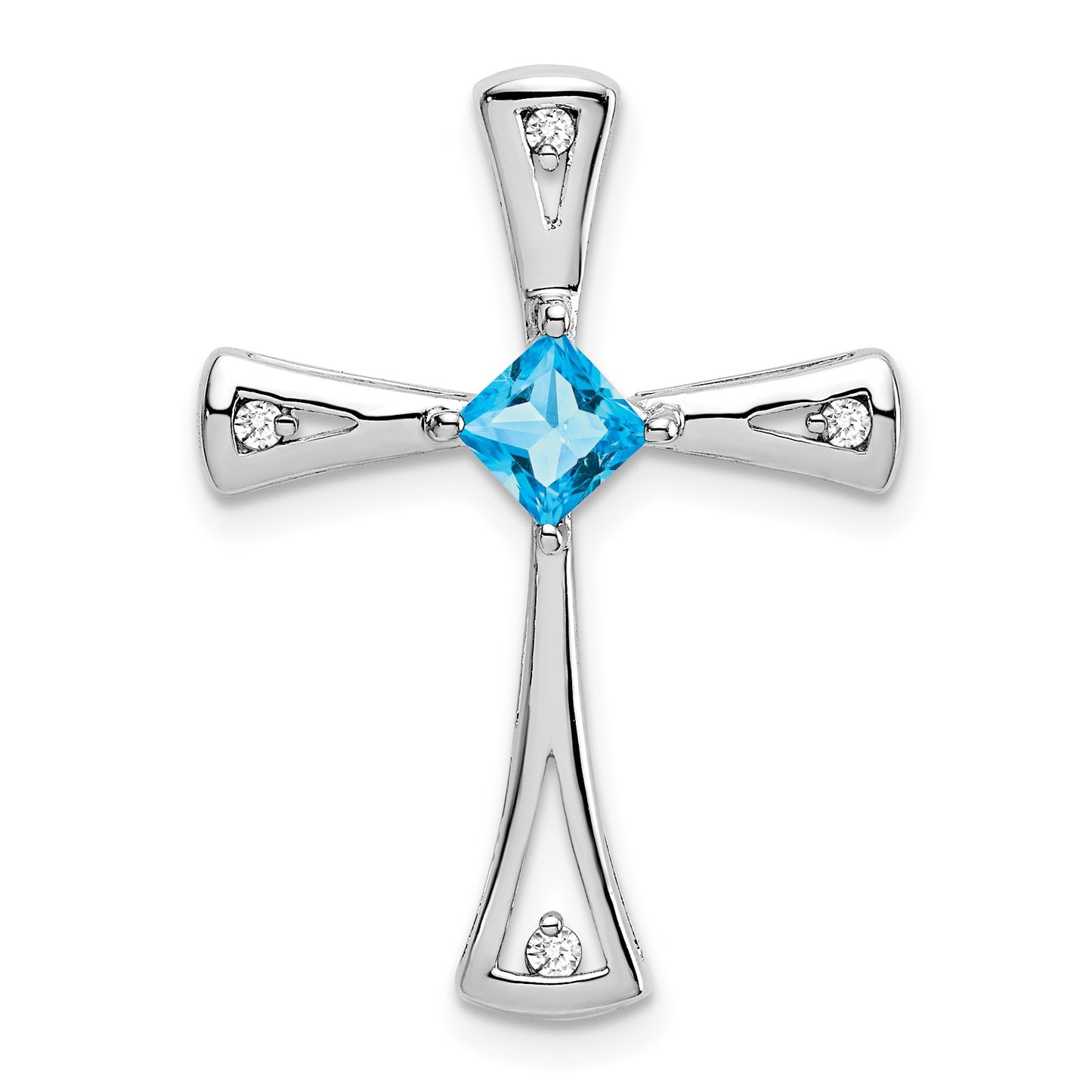 14k White Gold 4mm Square Blue Topaz and Diamond Cross Chain Slide