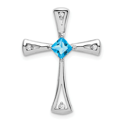 14k White Gold 4mm Square Blue Topaz and Diamond Cross Chain Slide