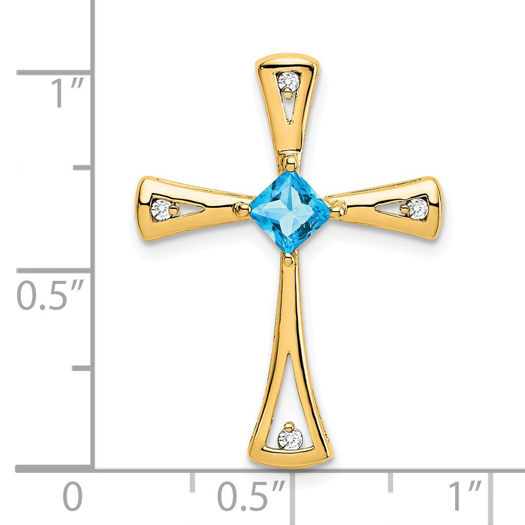 14k 4mm Square Blue Topaz and Diamond Cross Chain Slide