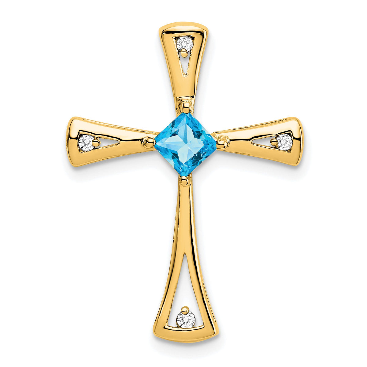 14k 4mm Square Blue Topaz and Diamond Cross Chain Slide