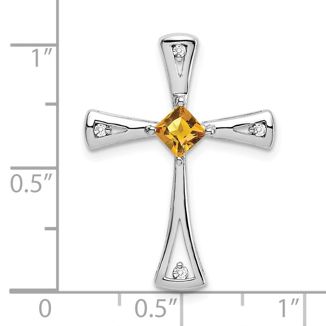 14k White Gold 4mm Square Citrine and Diamond Cross Chain Slide