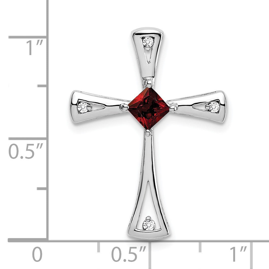 14k White Gold 4mm Square Garnet and Diamond Cross Chain Slide