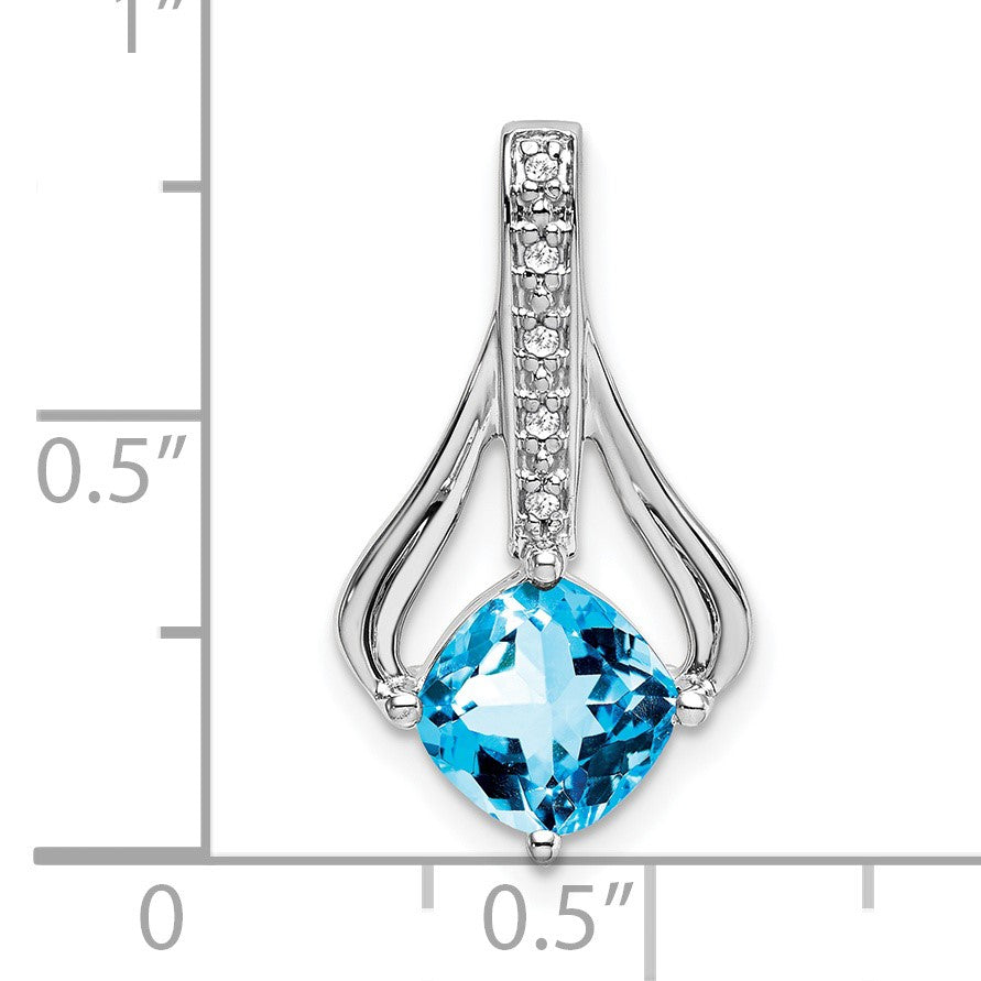 14k White Gold 7mm Cushion Blue Topaz and Diamond Pendant Fits up to 4mm Fancy Omega Only