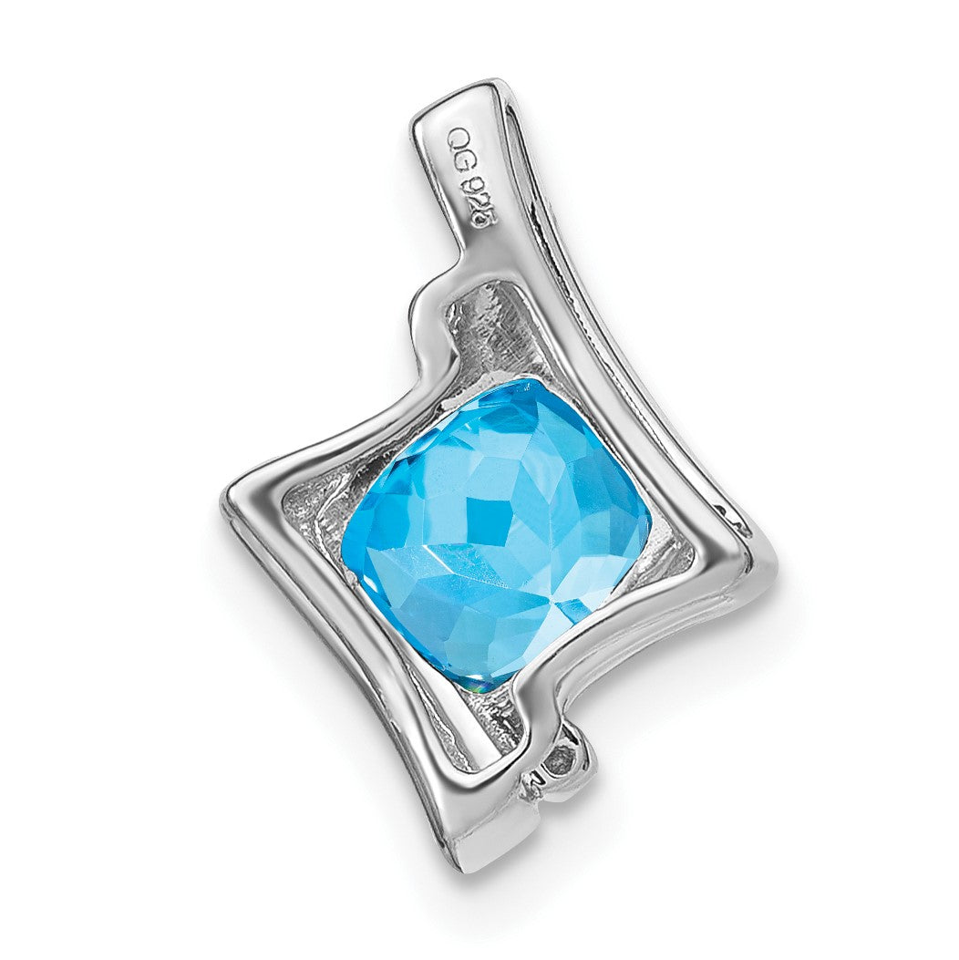14k White Gold 6mm Cushion Blue Topaz and Diamond Chain Slide