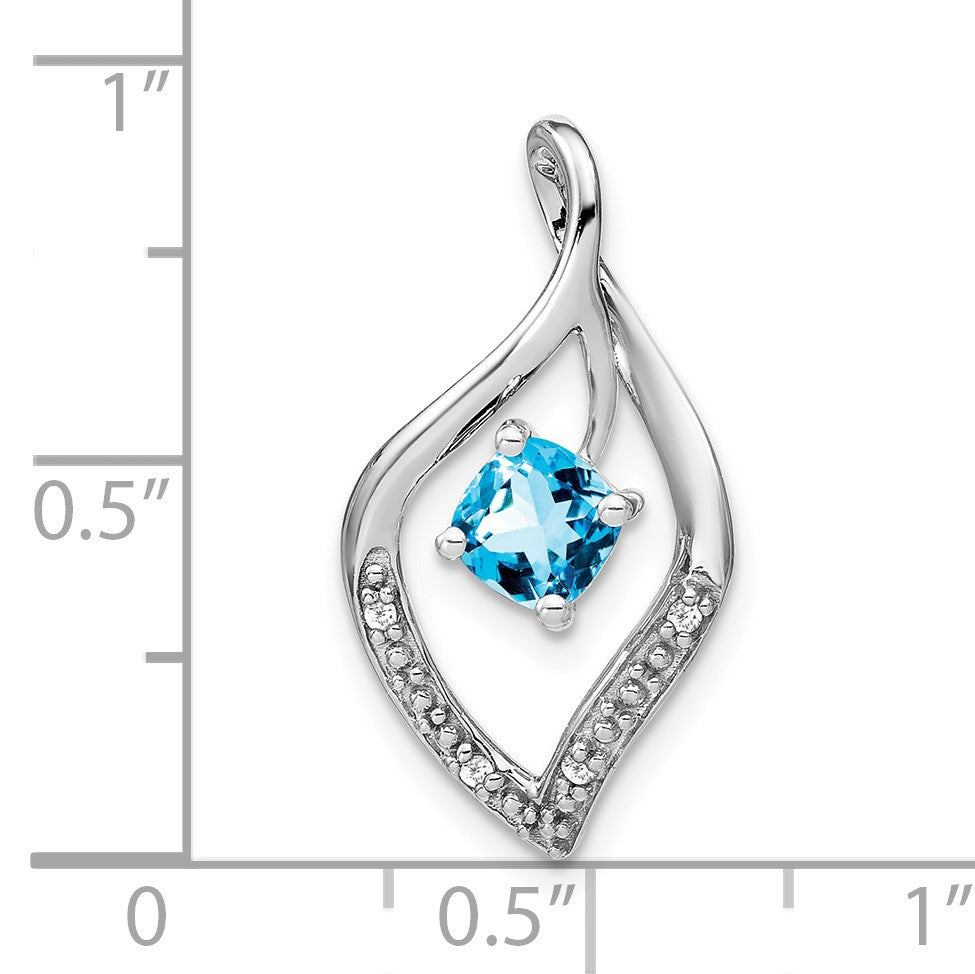 14k White Gold 5mm Cushion Blue Topaz and Diamond Leaf Chain Slide