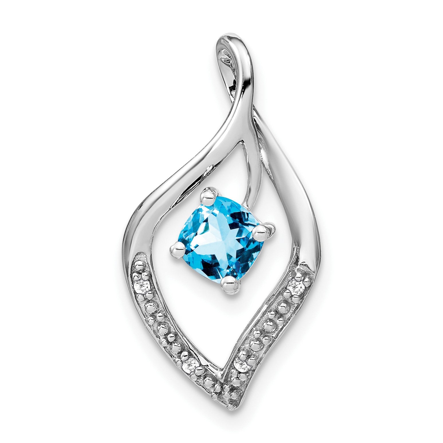 14k White Gold 5mm Cushion Blue Topaz and Diamond Leaf Chain Slide