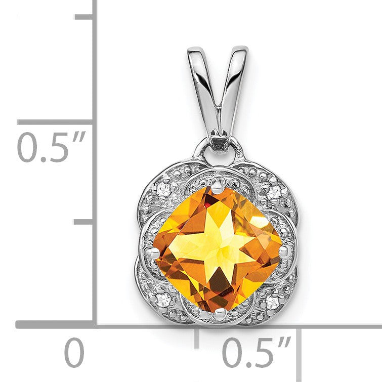 14k White Gold 7mm Cushion Citrine and Diamond Pendant