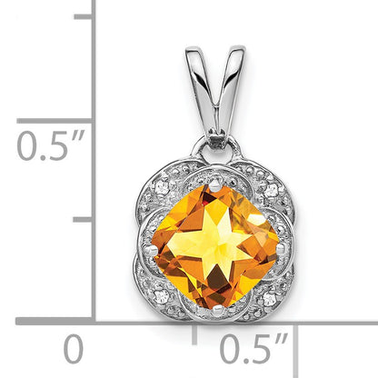 14k White Gold 7mm Cushion Citrine and Diamond Pendant