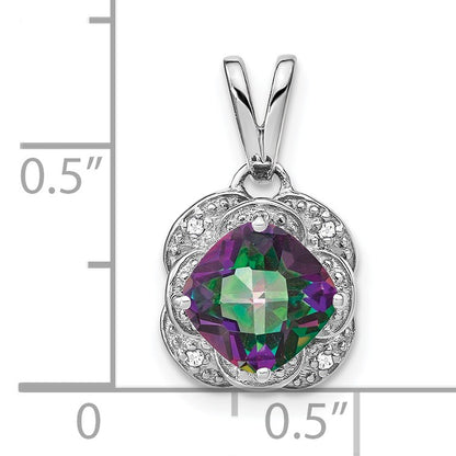 14k White Gold 7mm Cushion Mystic Fire Topaz and Diamond Pendant