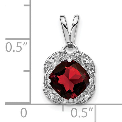 14k White Gold 7mm Cushion Garnet and Diamond Pendant
