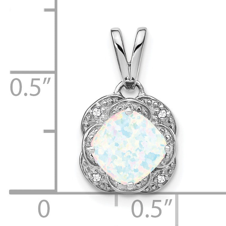 14k White Gold Cushion Lab Created Opal and Diamond Pendant