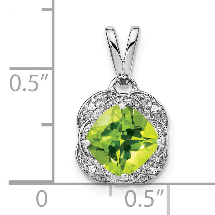 14k White Gold 7mm Cushion Peridot and Diamond Pendant