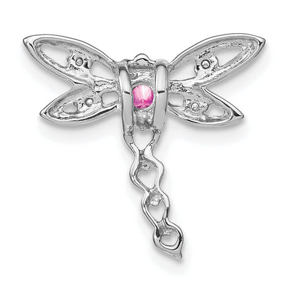 14k White Gold Lab Created Pink Sapphire and Diamond Dragonfly Chain Slide