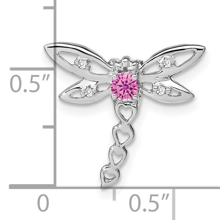 14k White Gold Lab Created Pink Sapphire and Diamond Dragonfly Chain Slide