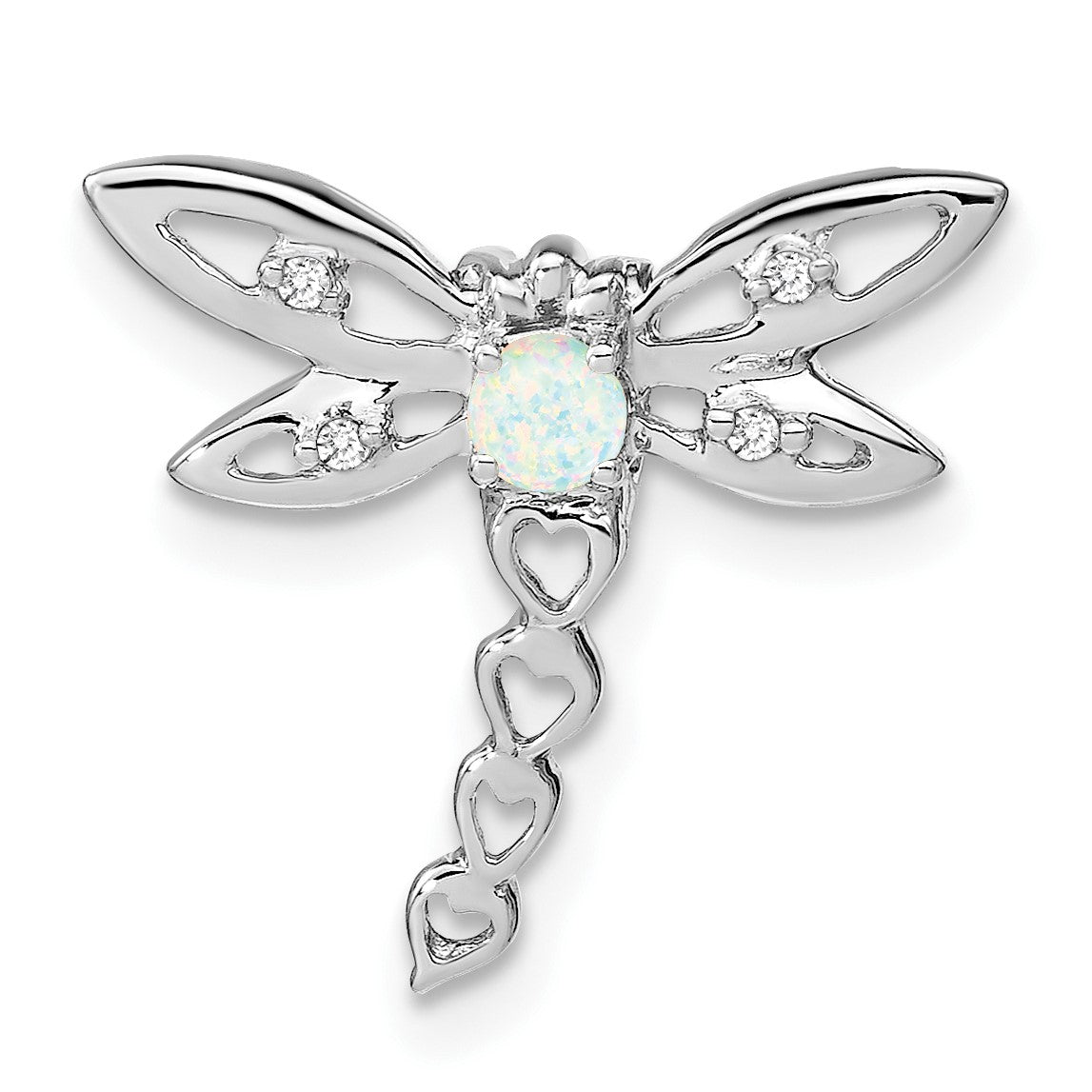 14k White Gold Lab Created Opal and Diamond Dragonfly Chain Slide