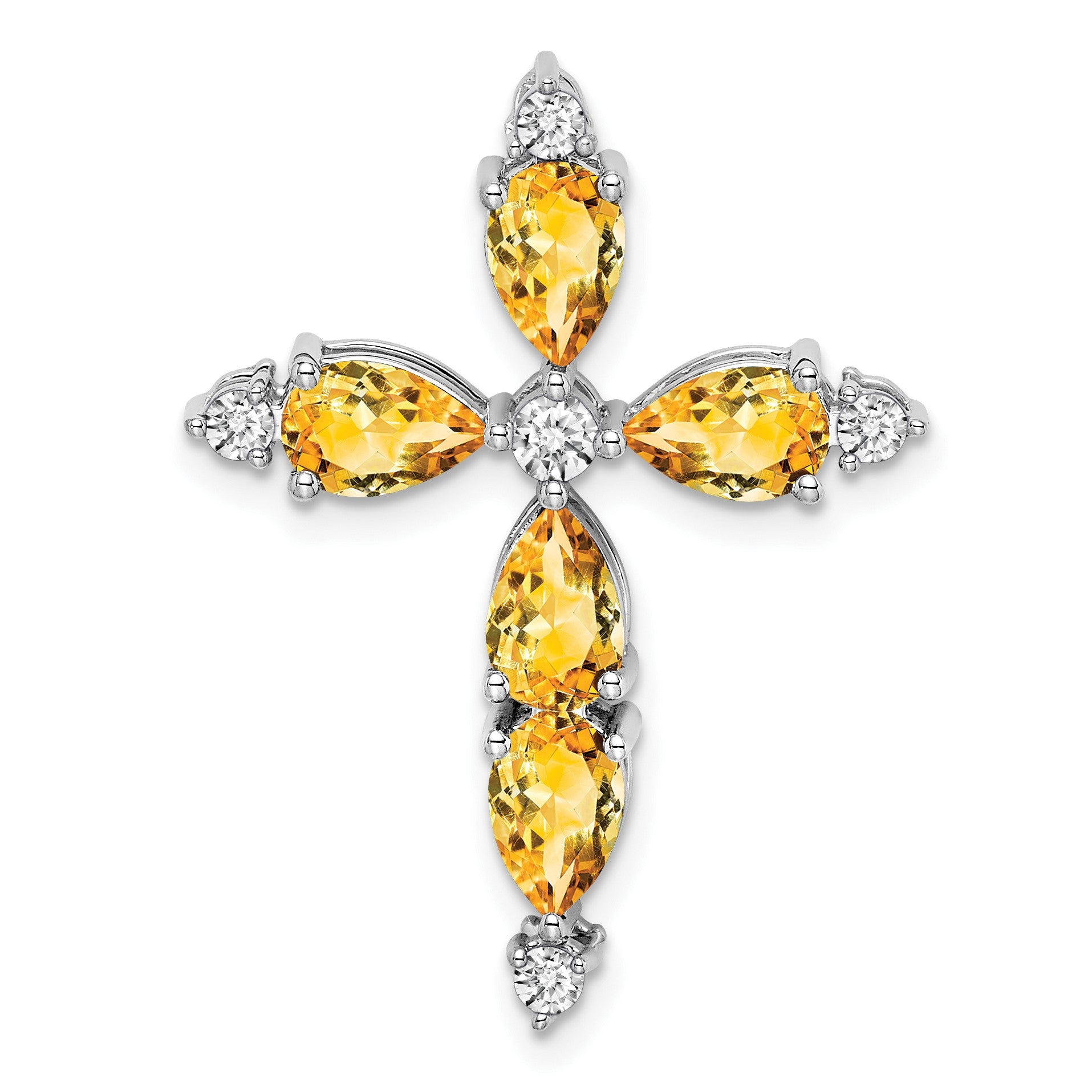 14k White Gold 6x4mm Pear Citrine and Diamond Cross Chain Slide