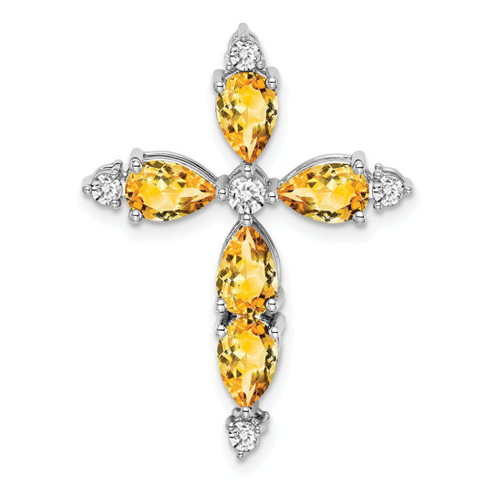 14k White Gold 6x4mm Pear Citrine and Diamond Cross Chain Slide
