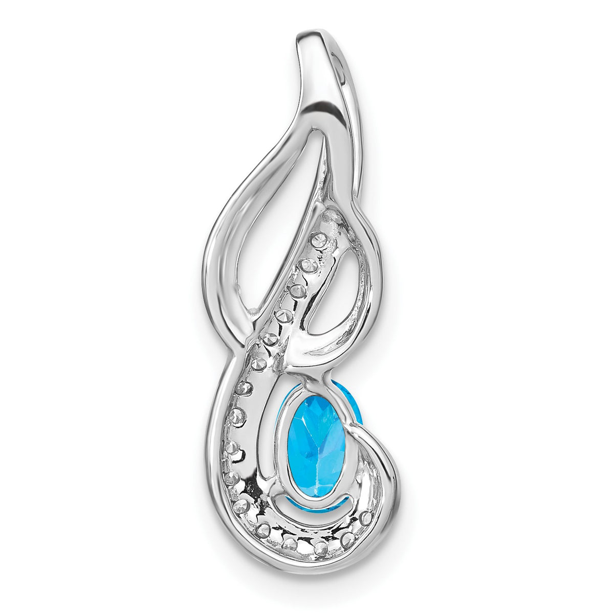 14k White Gold 6x4mm Oval Blue Topaz and Diamond Swirl Chain Slide