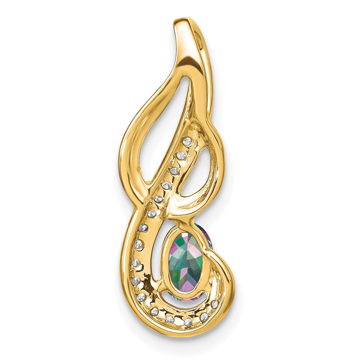 14k 6x4mm Oval Mystic Fire Topaz and Diamond Swirl Pendant