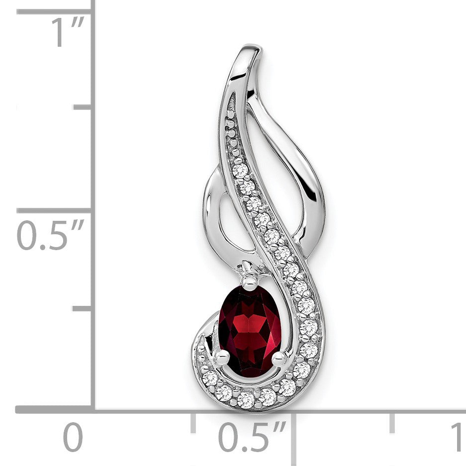 14k White Gold 6x4mm Oval Garnet and Diamond Swirl Chain Slide