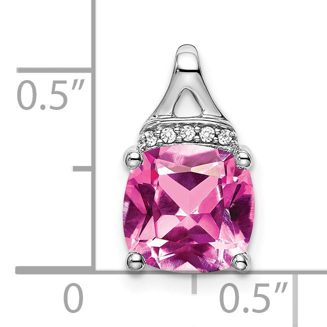 14k White Gold Cushion Lab Created Pink Sapphire and Diamond Pendant